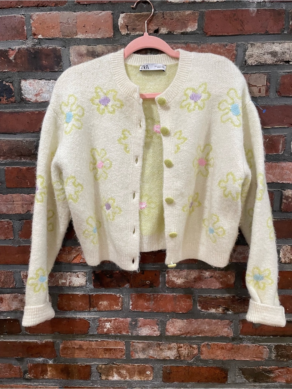 ZARA Cream Floral Button-Up Cardigan with Pastel Accents